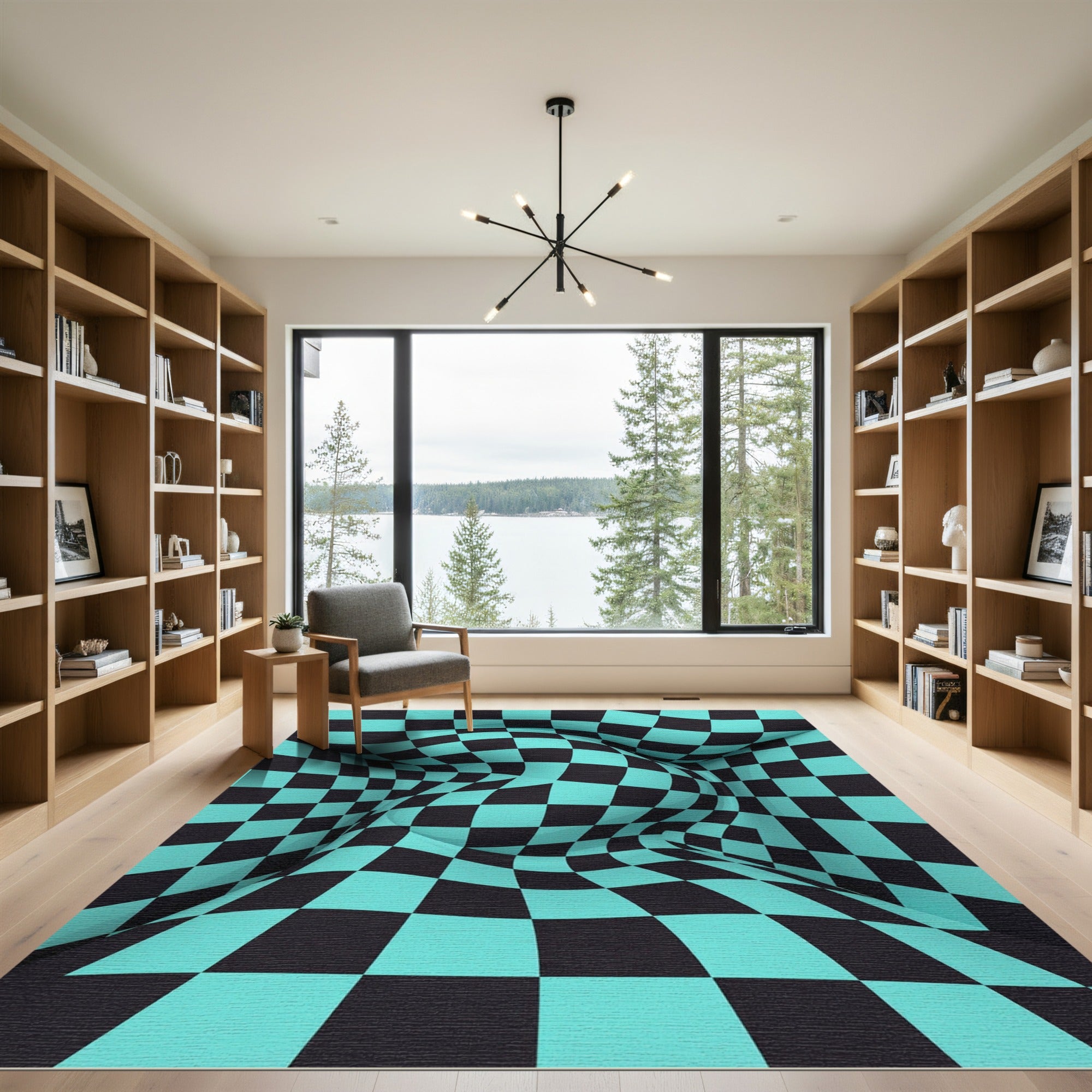 Abstract Teal and Black Warped Checkerboard Rug