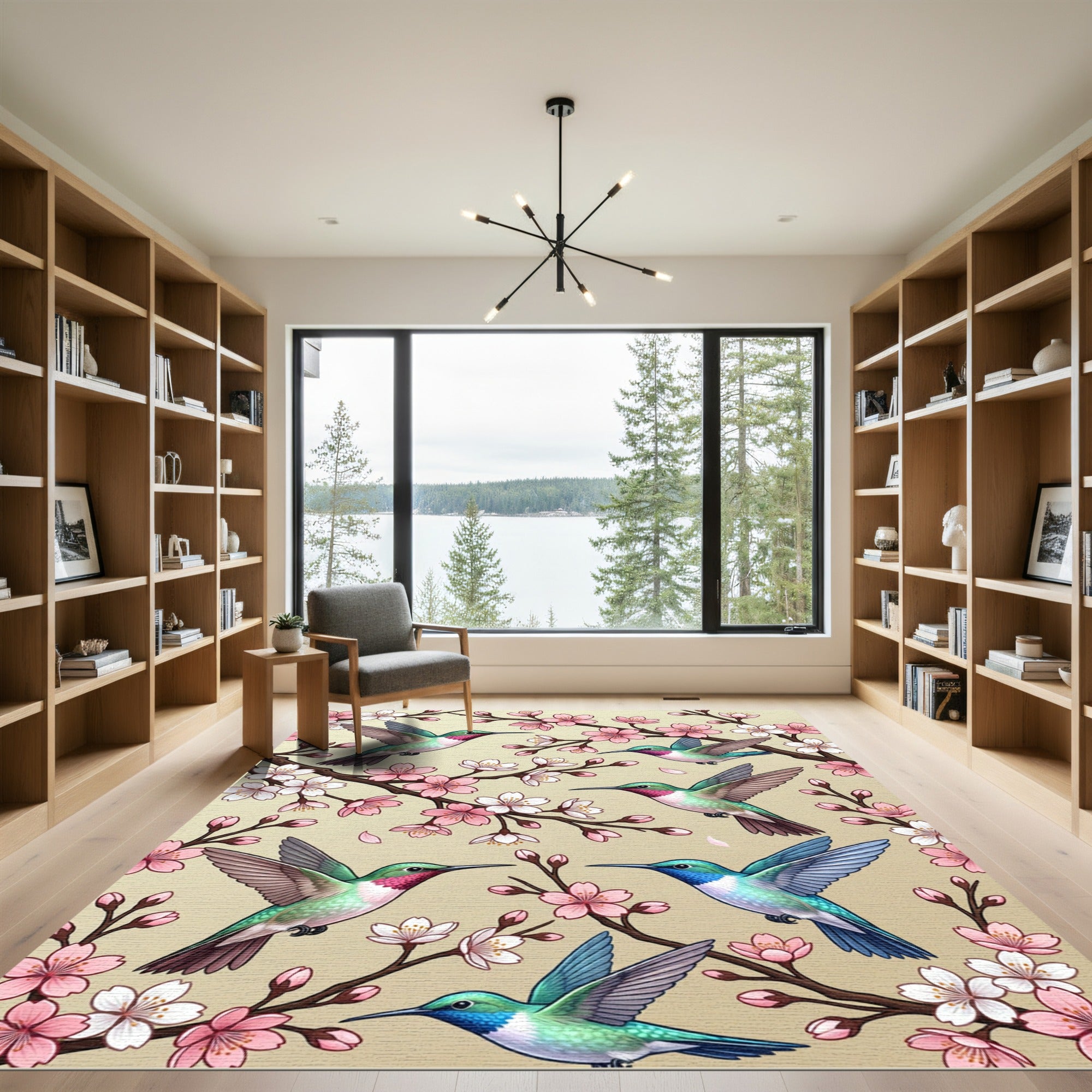 Hummingbird Cherry Blossom Botanical Art Rug