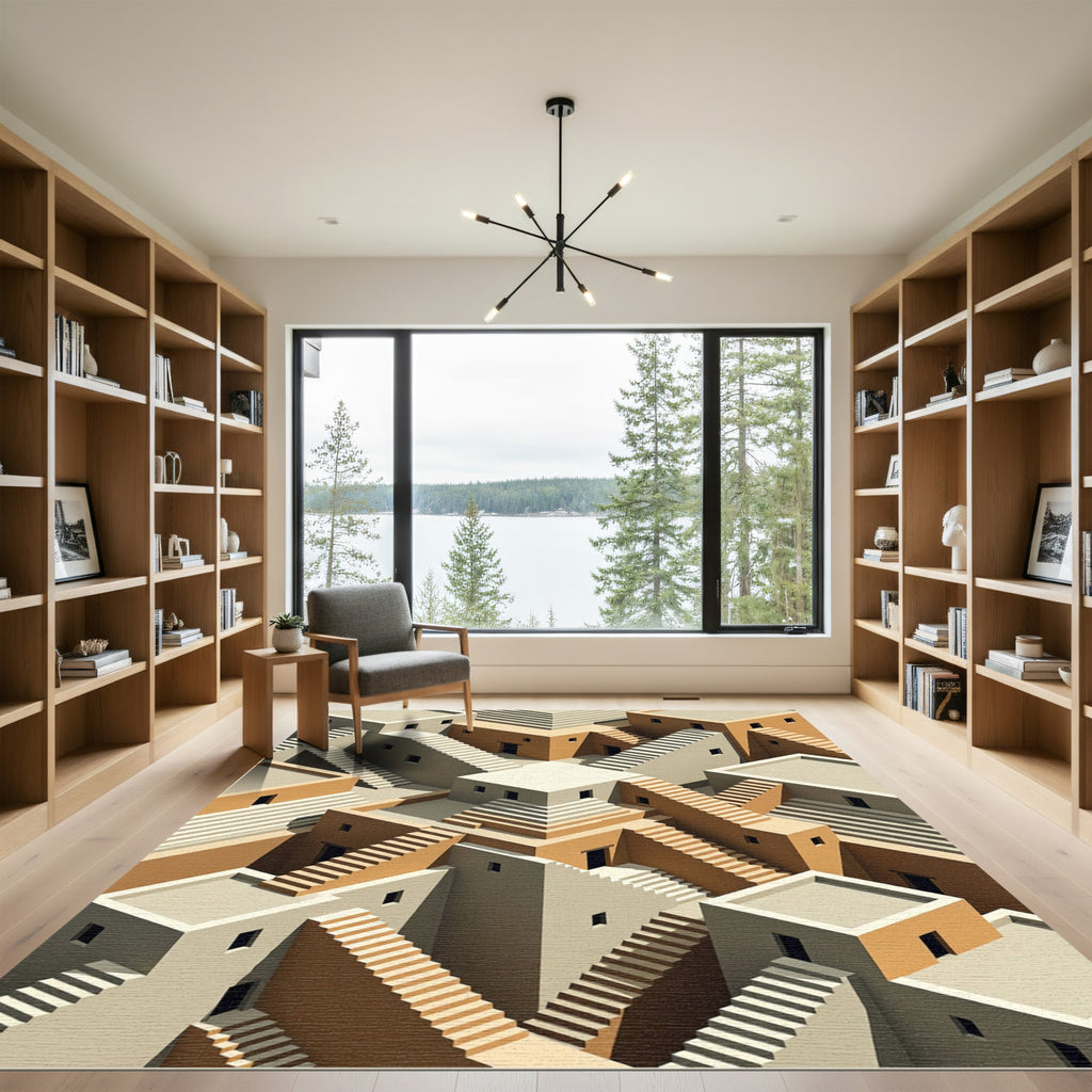 Geometric Illusion Staircase Town Design Rug