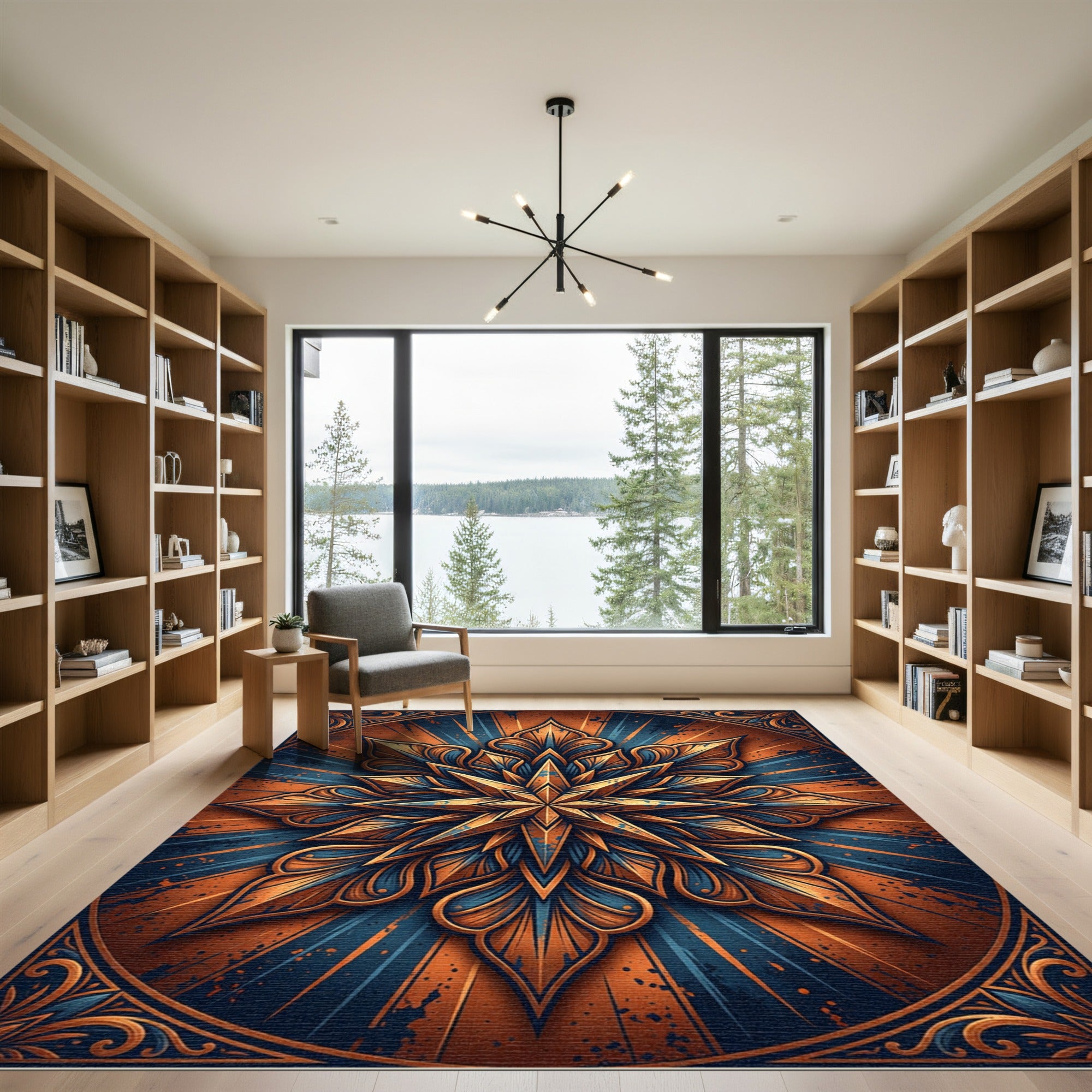 Golden Orange Blue Starburst Medallion Rug