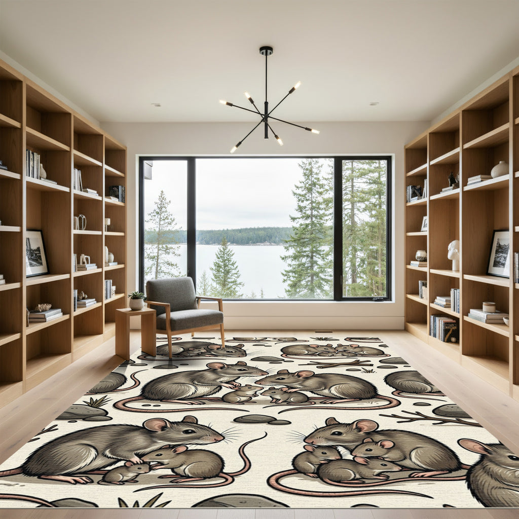 Gray Mouse Family Field Illustration Rug