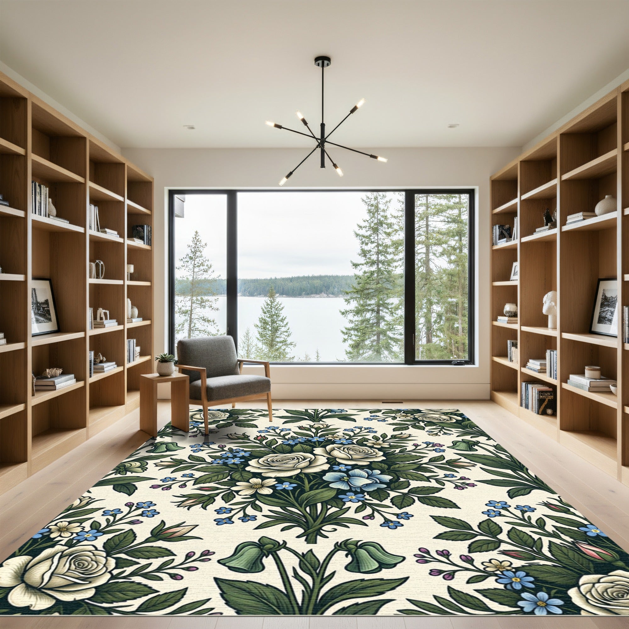 Elegant Cream Rose and Blue Floral Garden Rug