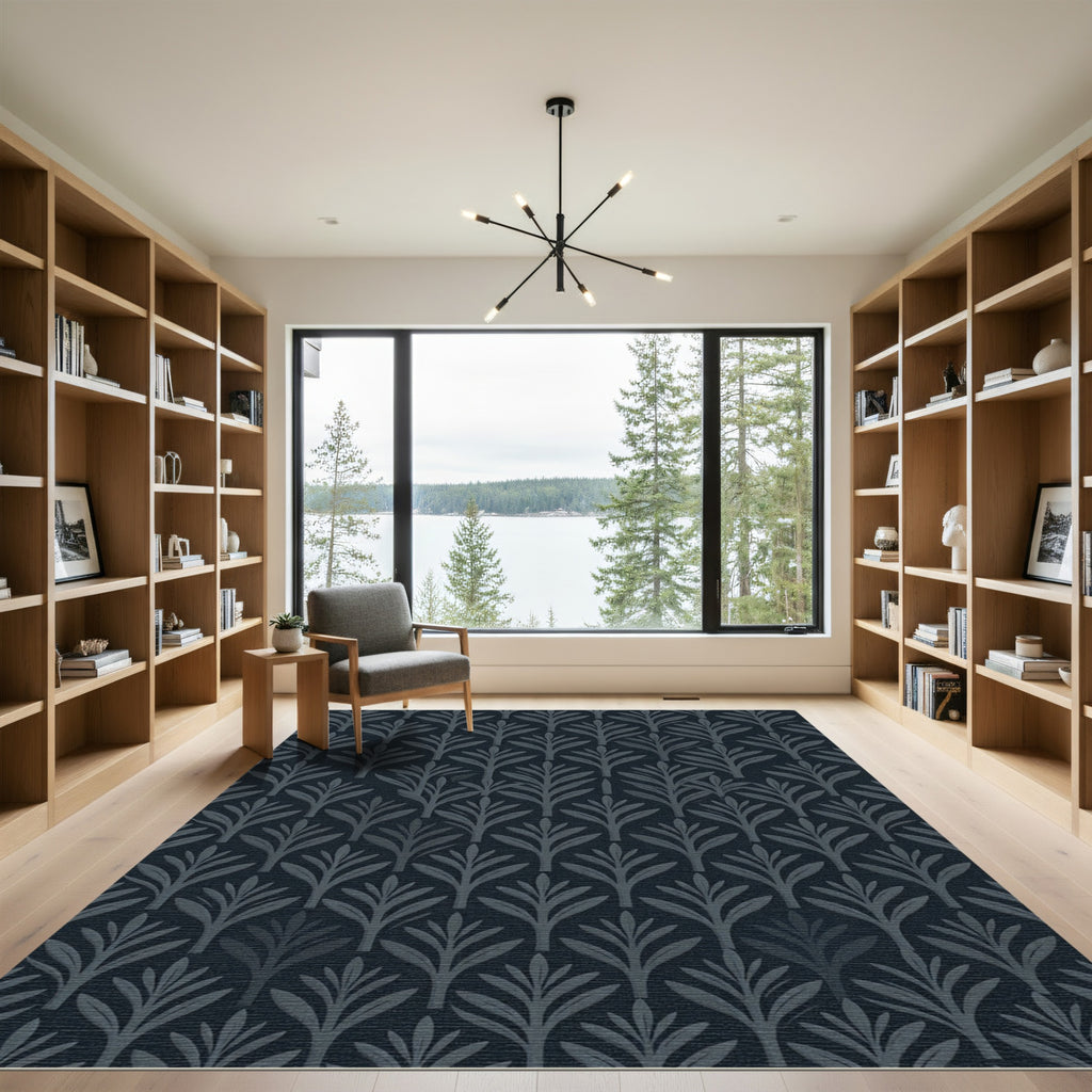 Graphite Slate Leafy Vine Recurrence Rug
