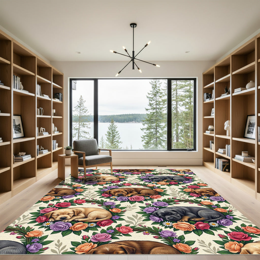 Sleeping Puppy Floral Rose Wreath Rug