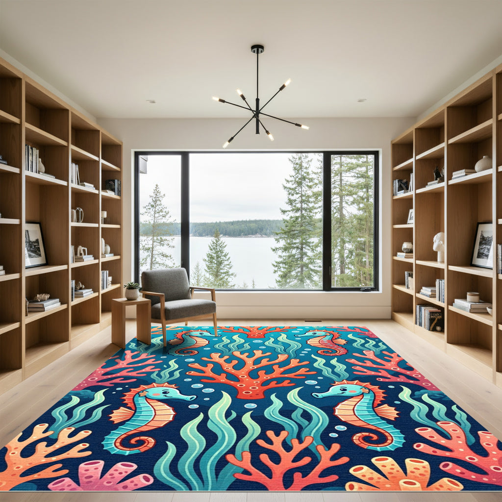 Cute Seahorse and Vibrant Coral Reef Rug
