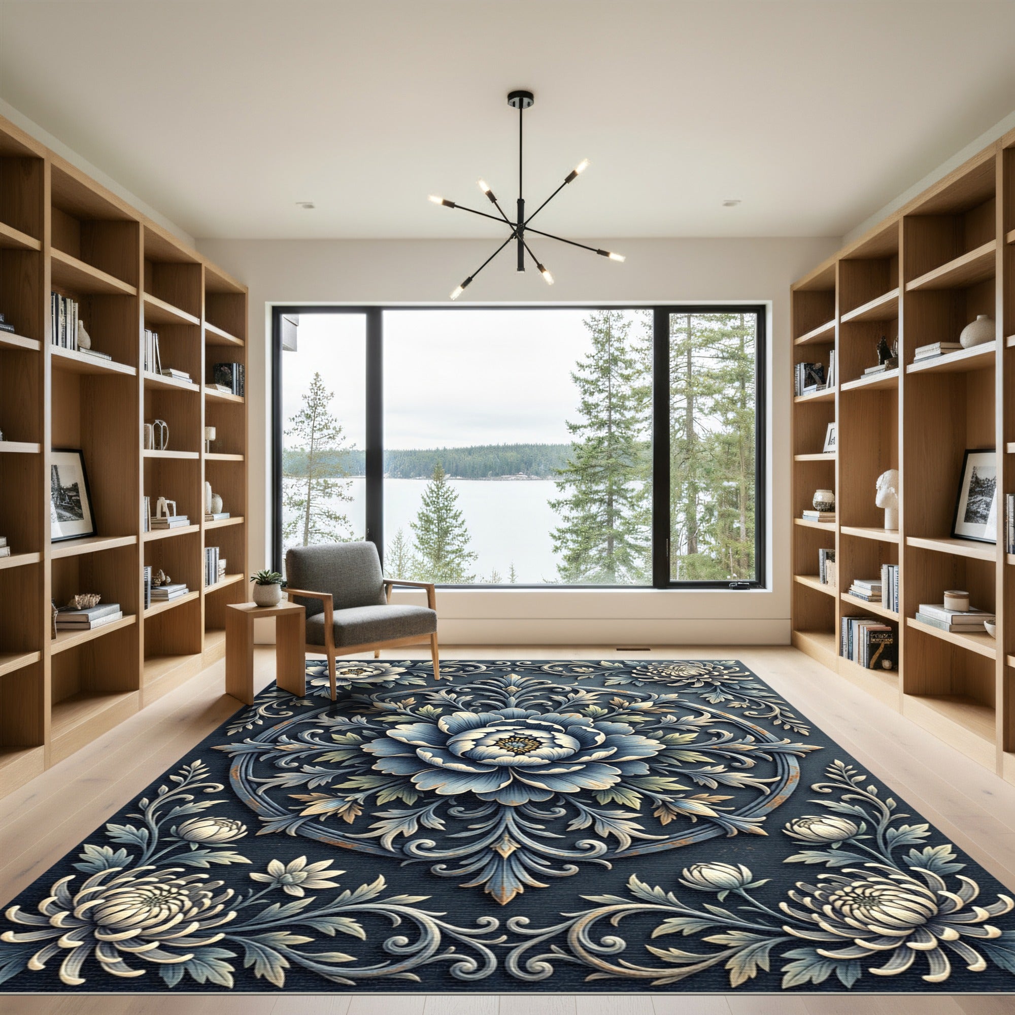 Ornate Blue Floral Scrollwork Rug