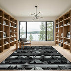 Black Gray Camping Fishing Forest Scene Rug