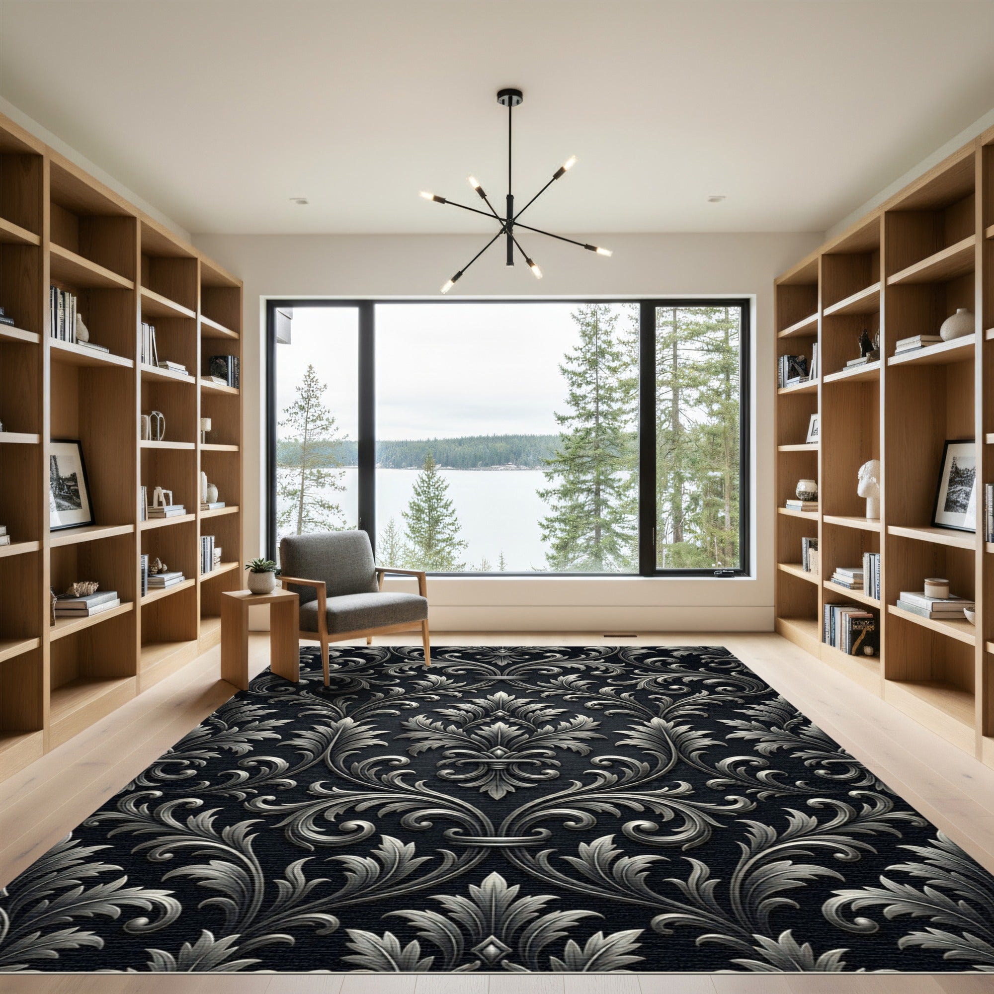 Elegant Silver Floral Scroll Rug