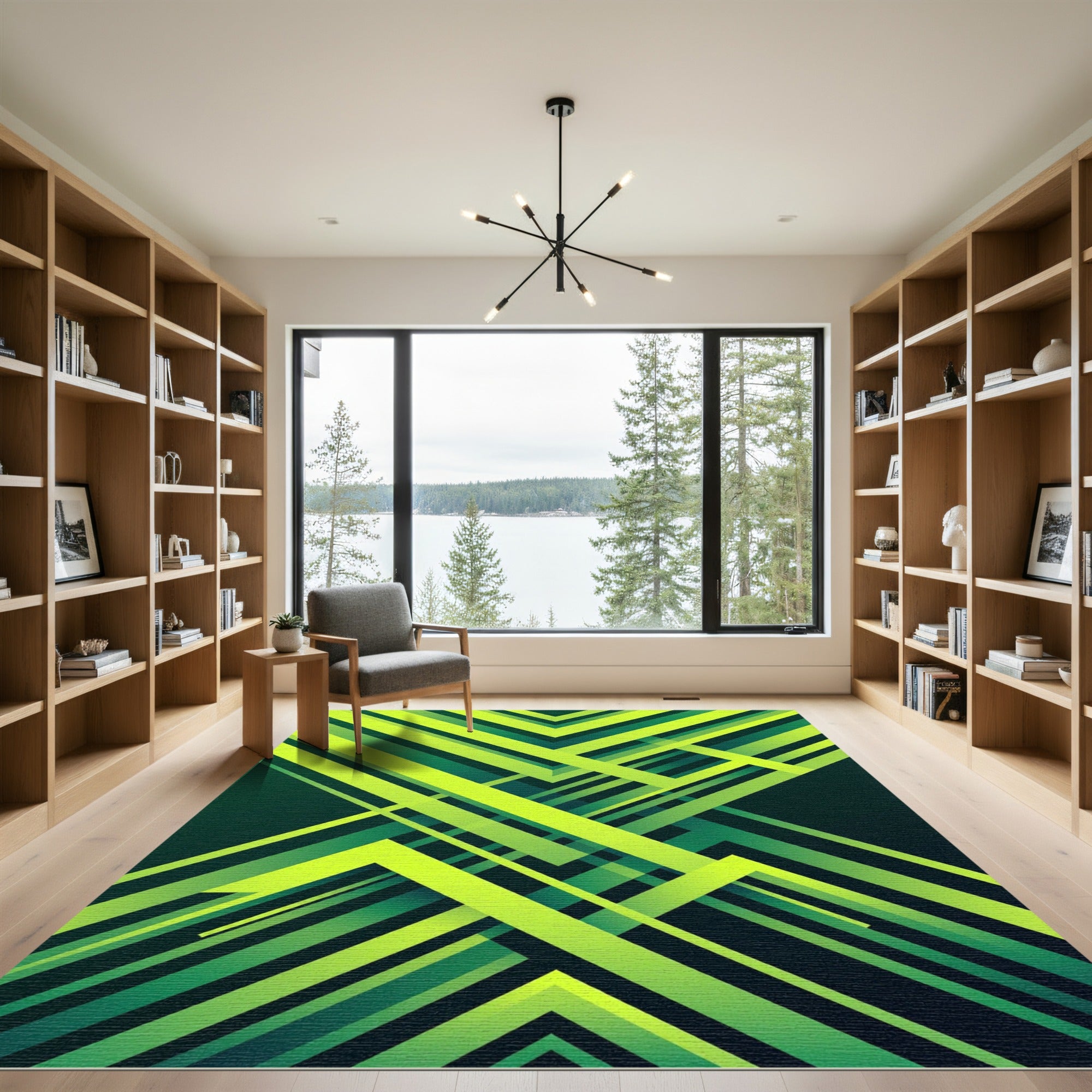 Neon Lime Abstract Geometric Angular Lines Rug