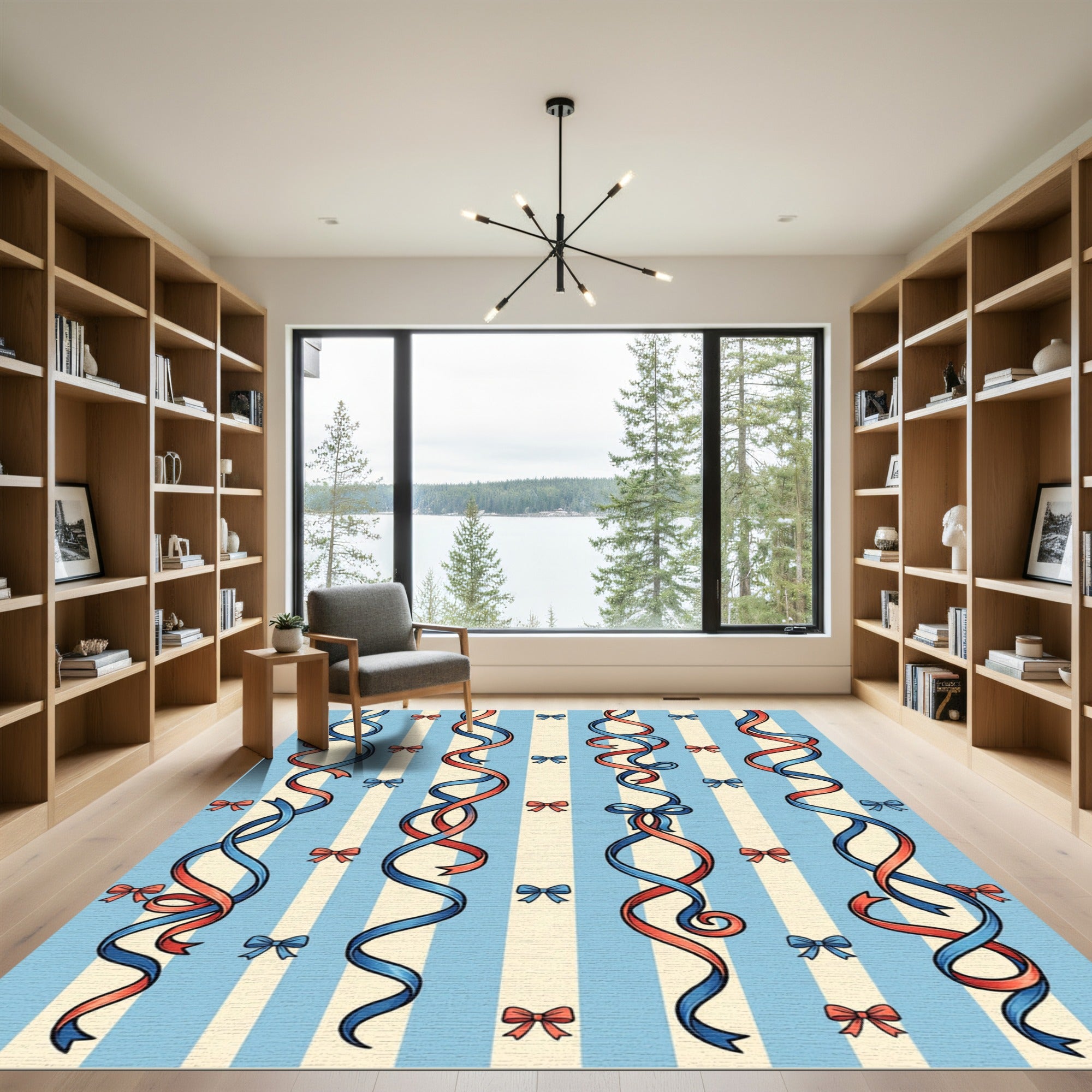Whimsical Blue and Coral Ribbon Garland Rug