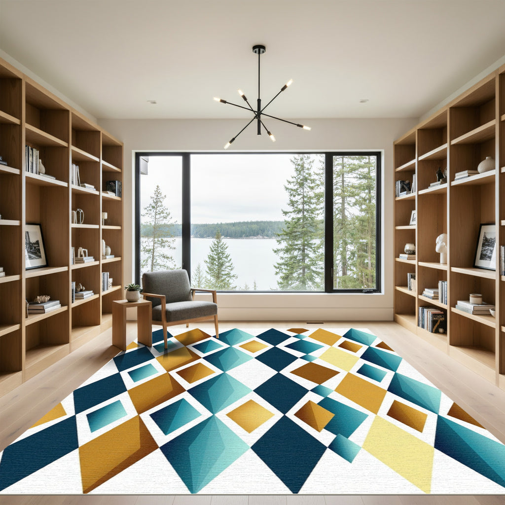 Golden Teal Diamond Geometric Tiling Rug