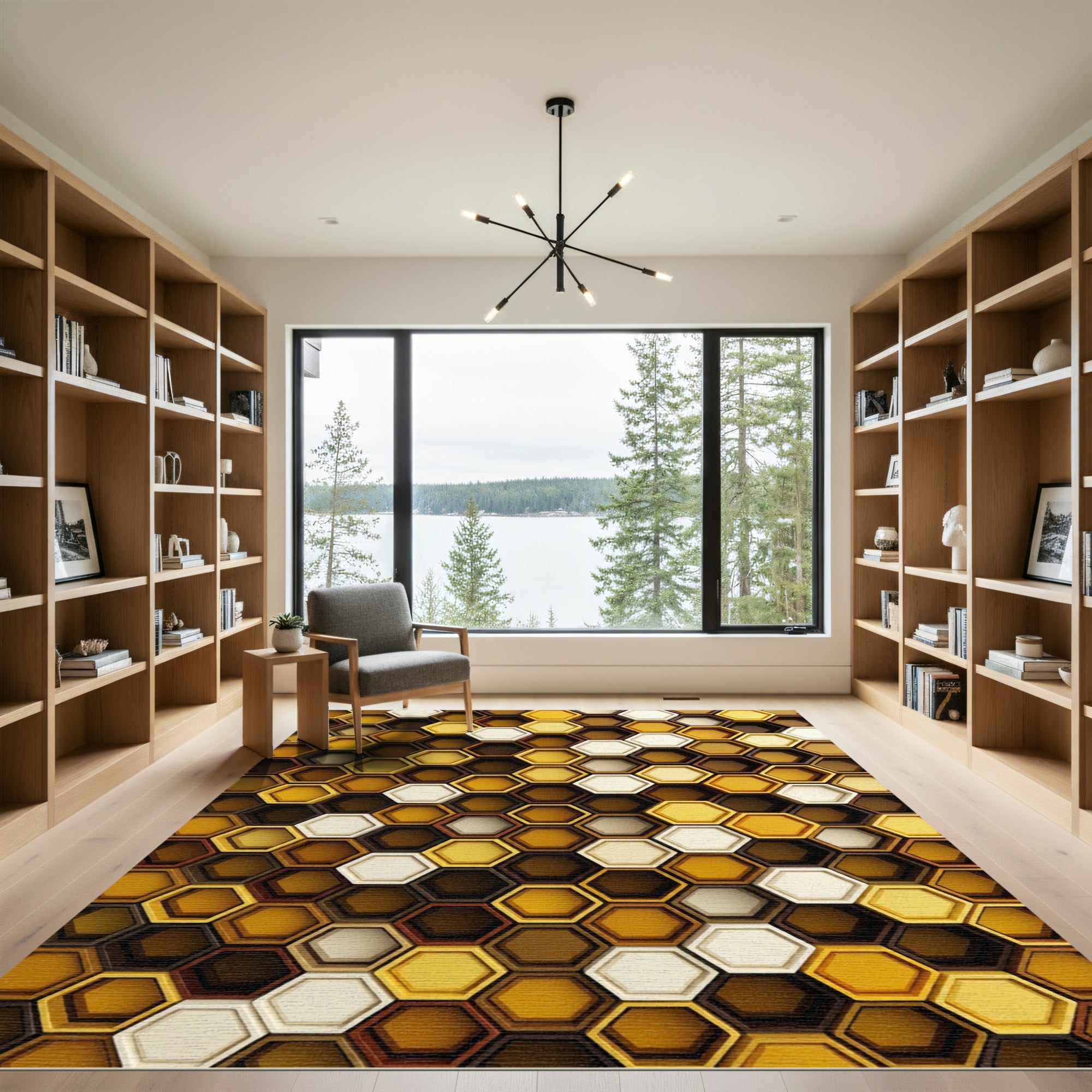 Modern Honeycomb Geometric Gold Ochre Rug