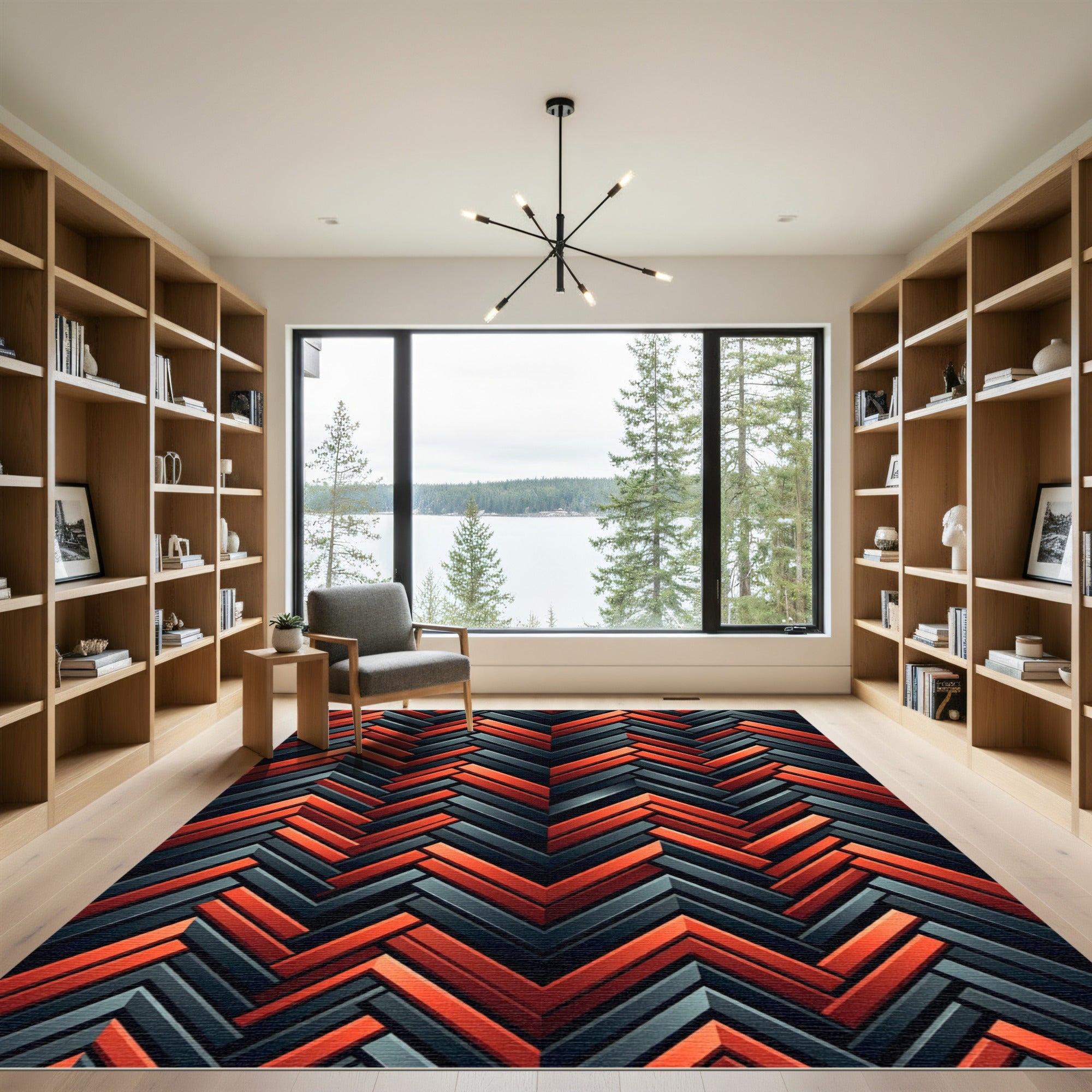 Deep Coral Red Herringbone Weave Rug