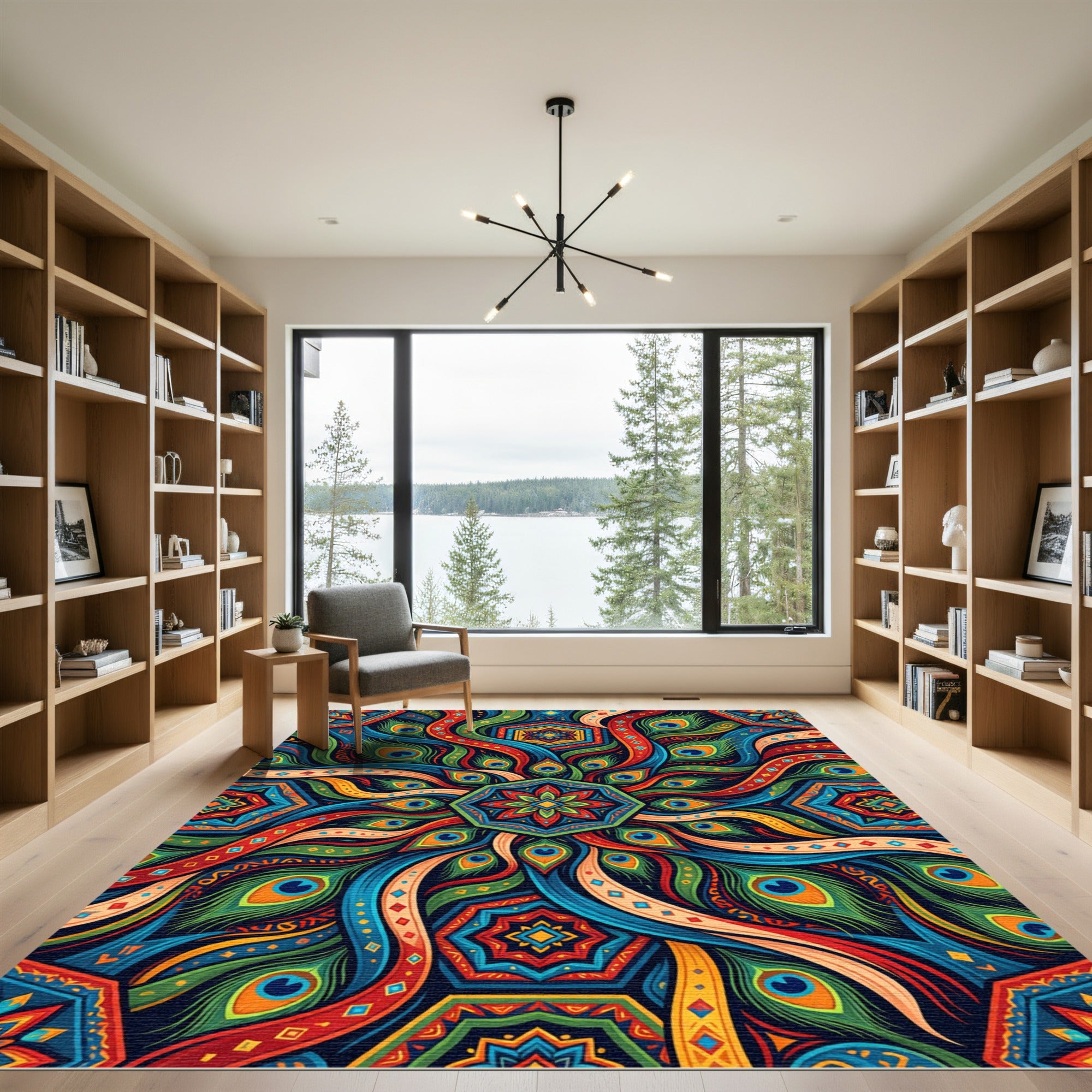 Vibrant Peacock Feather Mandala Medallion Rug