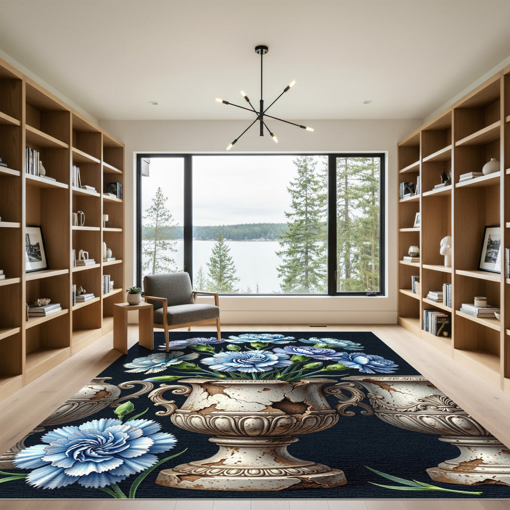 Blue Floral Arrangement Urn Accents Rug