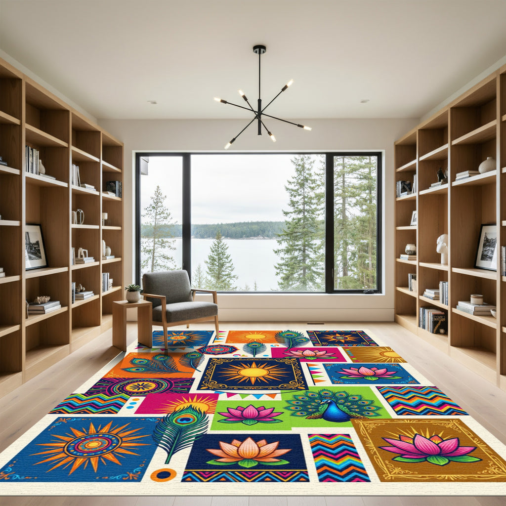 Vibrant Sun Lotus Peacock Mandala Rug