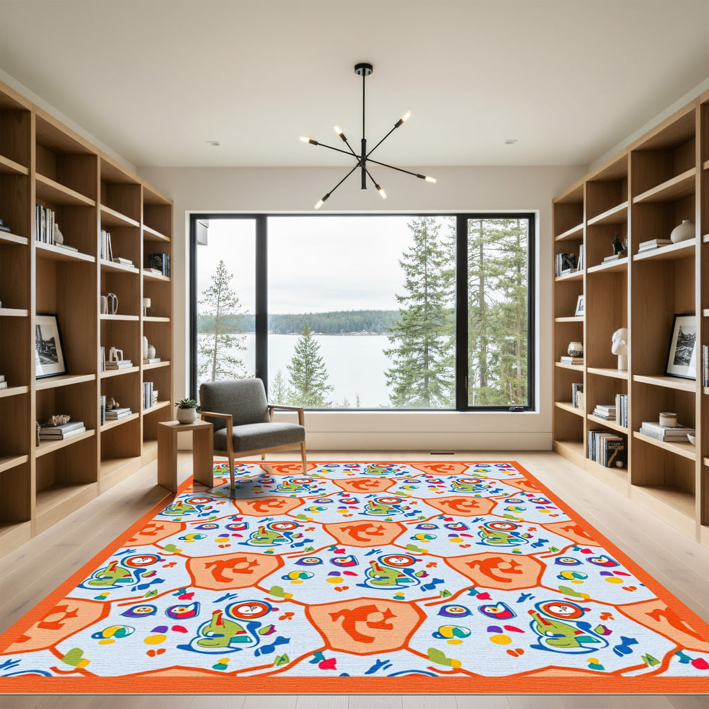 Whimsical Orange And Blue Creatures Rug