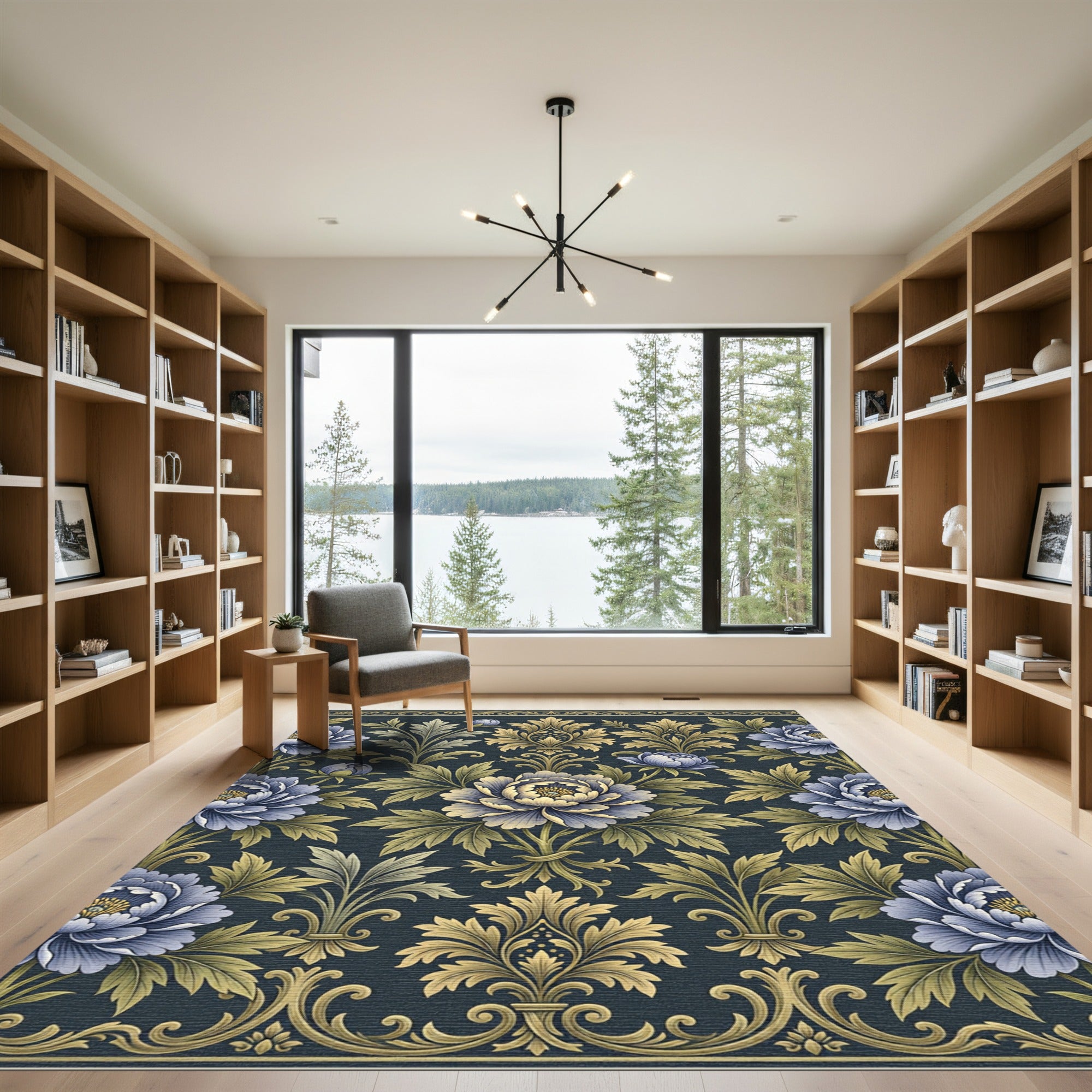 Elegant Navy Gold Peony Damask Rug