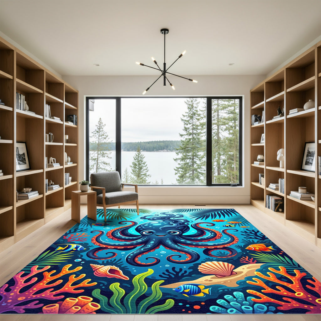Vibrant Blue Octopus Underwater Coral Scene Rug