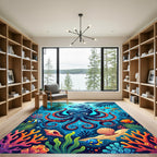Vibrant Blue Octopus Underwater Coral Scene Rug