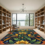 Golden Bird and Floral Botanical Art Rug