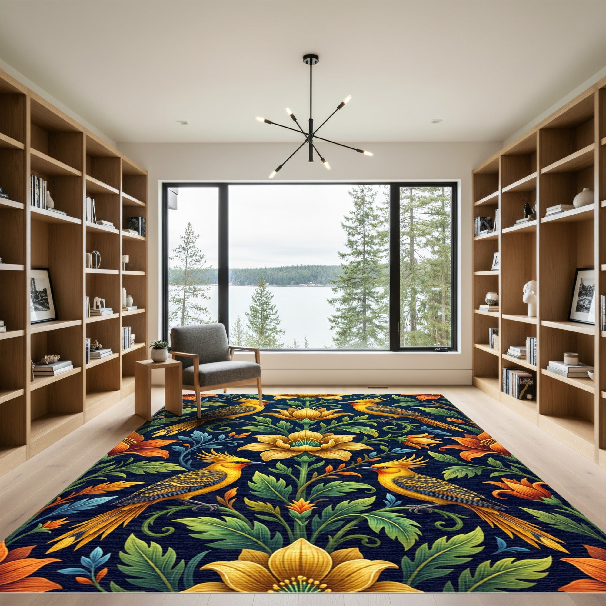 Golden Bird and Floral Botanical Art Rug
