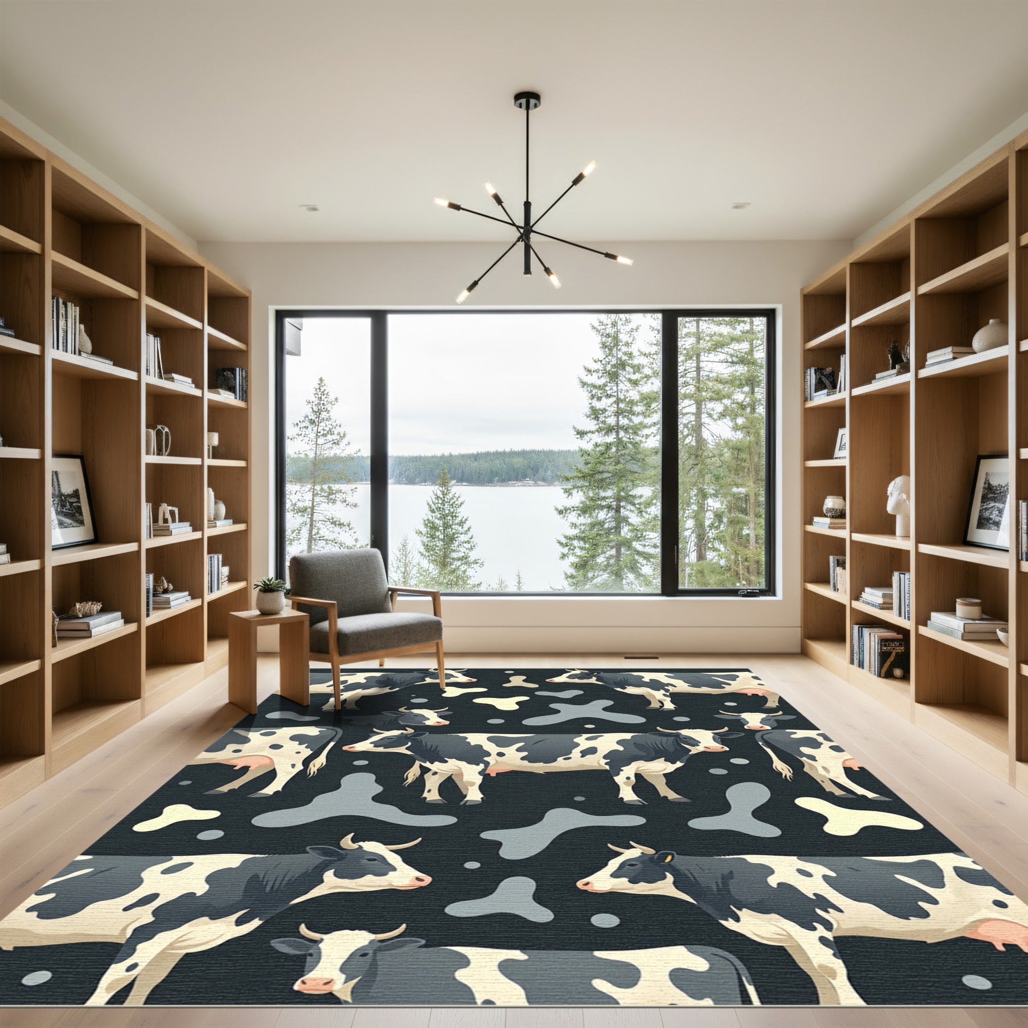 Modern Monochrome Holstein Cow Farm Scene Rug