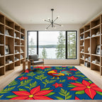 Bold Crimson Rooster Floral Collage Rug