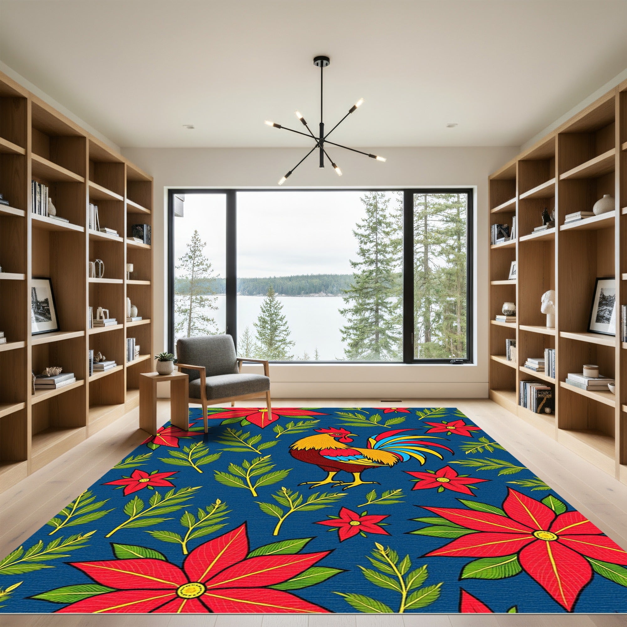 Bold Crimson Rooster Floral Collage Rug