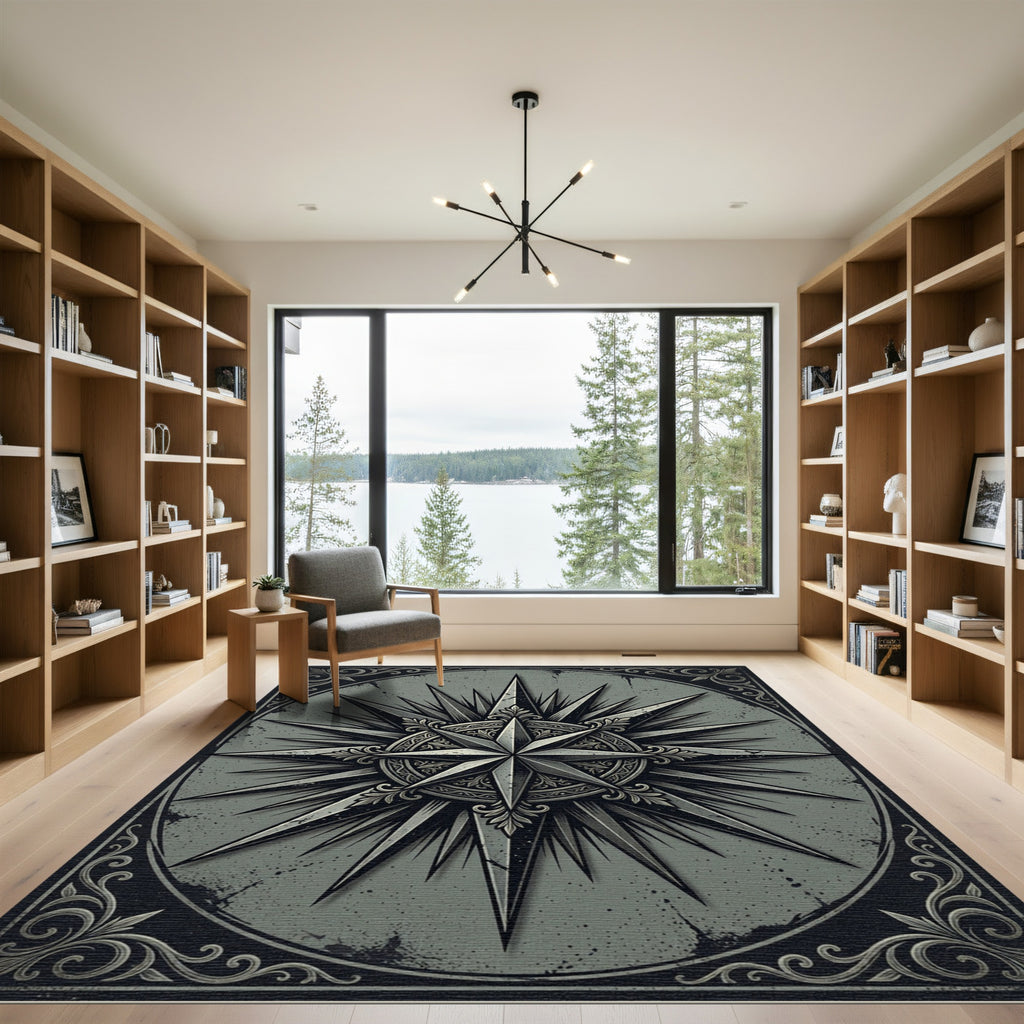 Ornate Monochrome Nautical Compass Star Rug