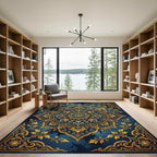 Golden Blue Floral Medallion Mandala Rug