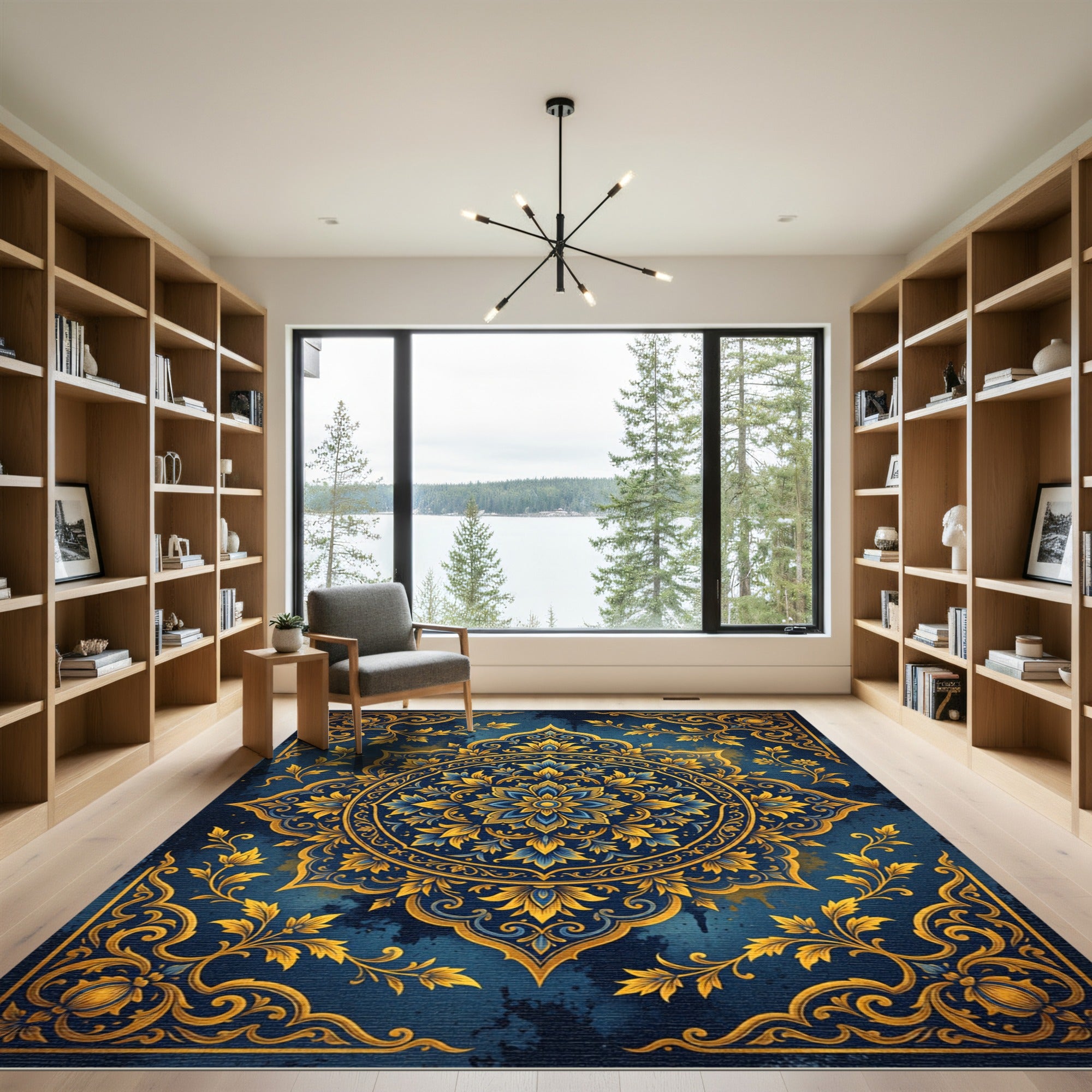 Golden Blue Floral Medallion Mandala Rug