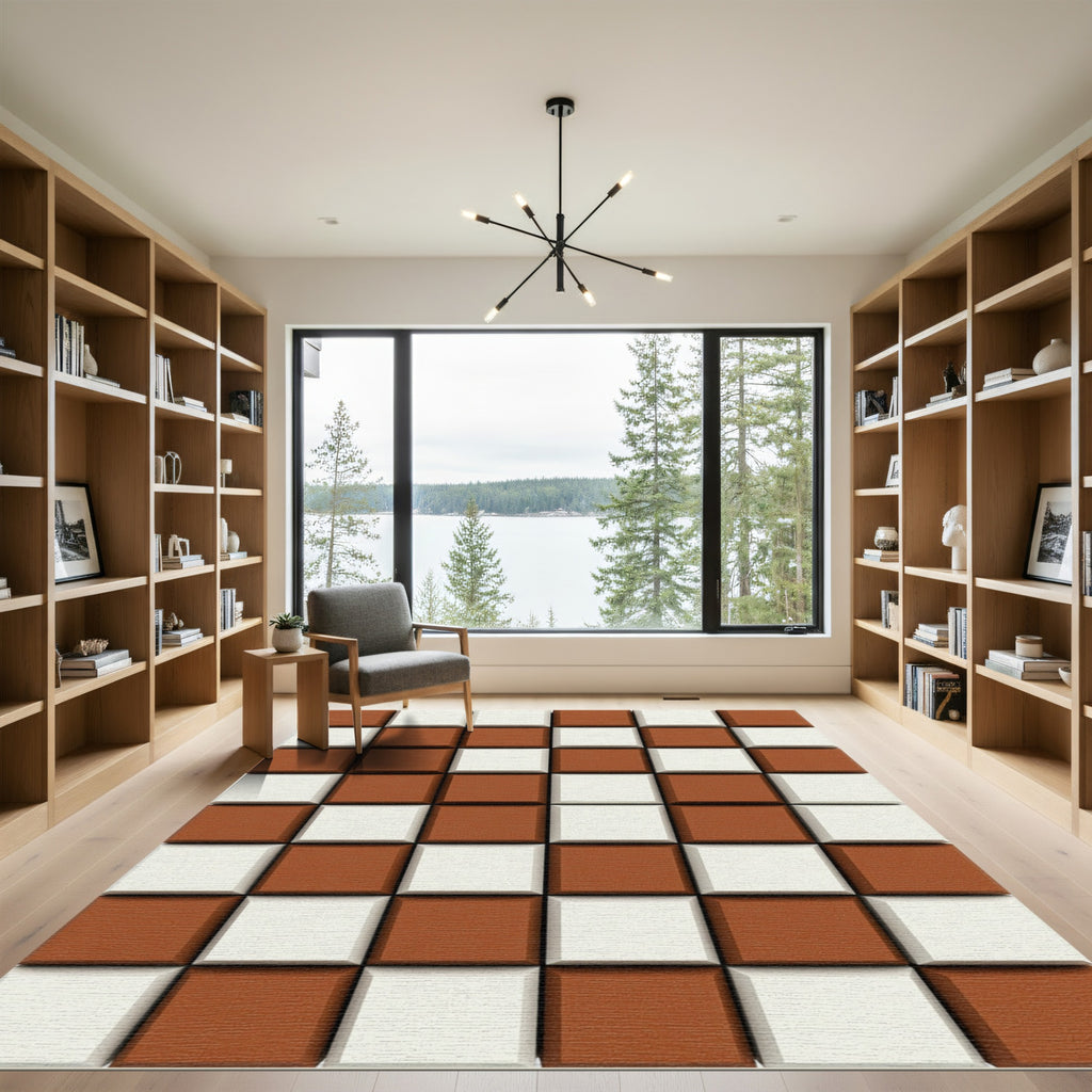 Terracotta White Checkerboard Grid Rug