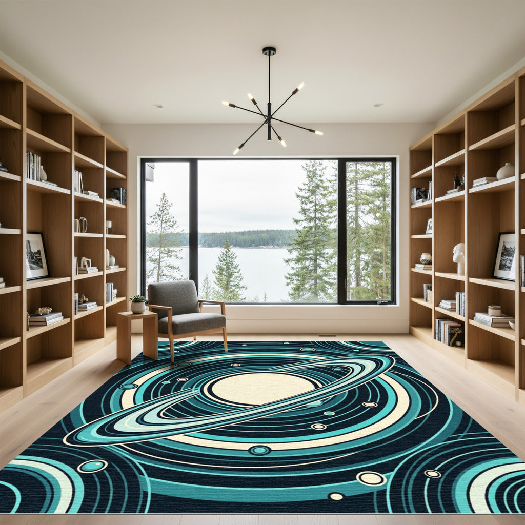 Teal Cosmic Ringed Planet Circular Rug