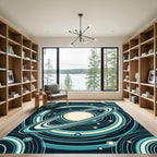 Teal Cosmic Ringed Planet Circular Rug