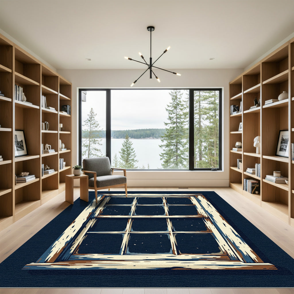 Rustic Weathered Pane Midnight Window Scene Rug