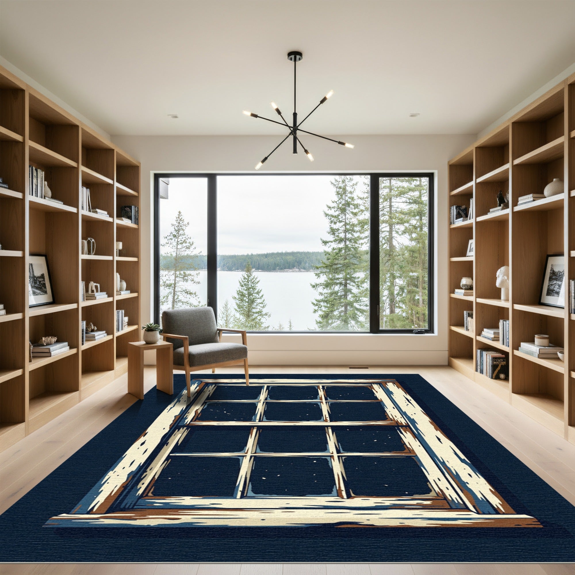 Rustic Weathered Pane Midnight Window Scene Rug
