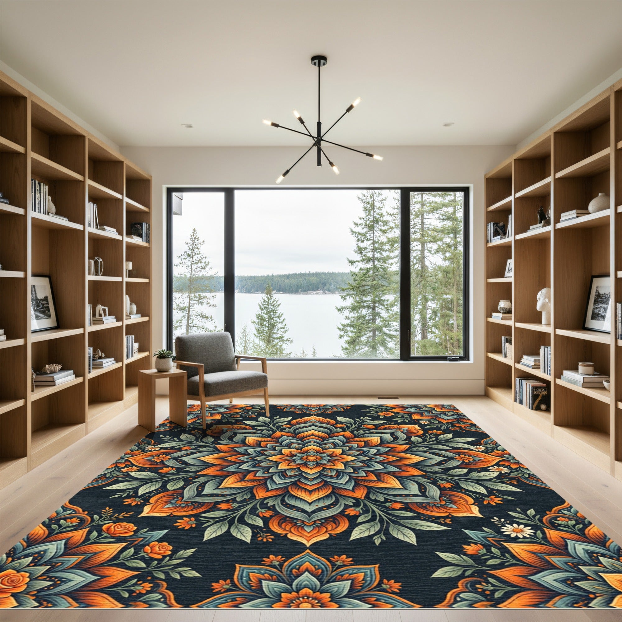 Earthy Orange and Teal Floral Mandala Rug