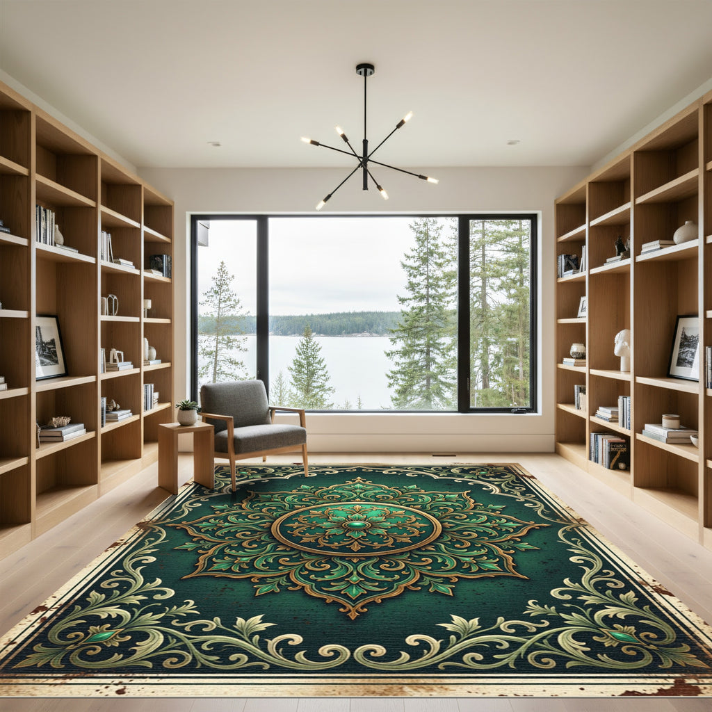 Emerald Green Ornate Medallion Rug