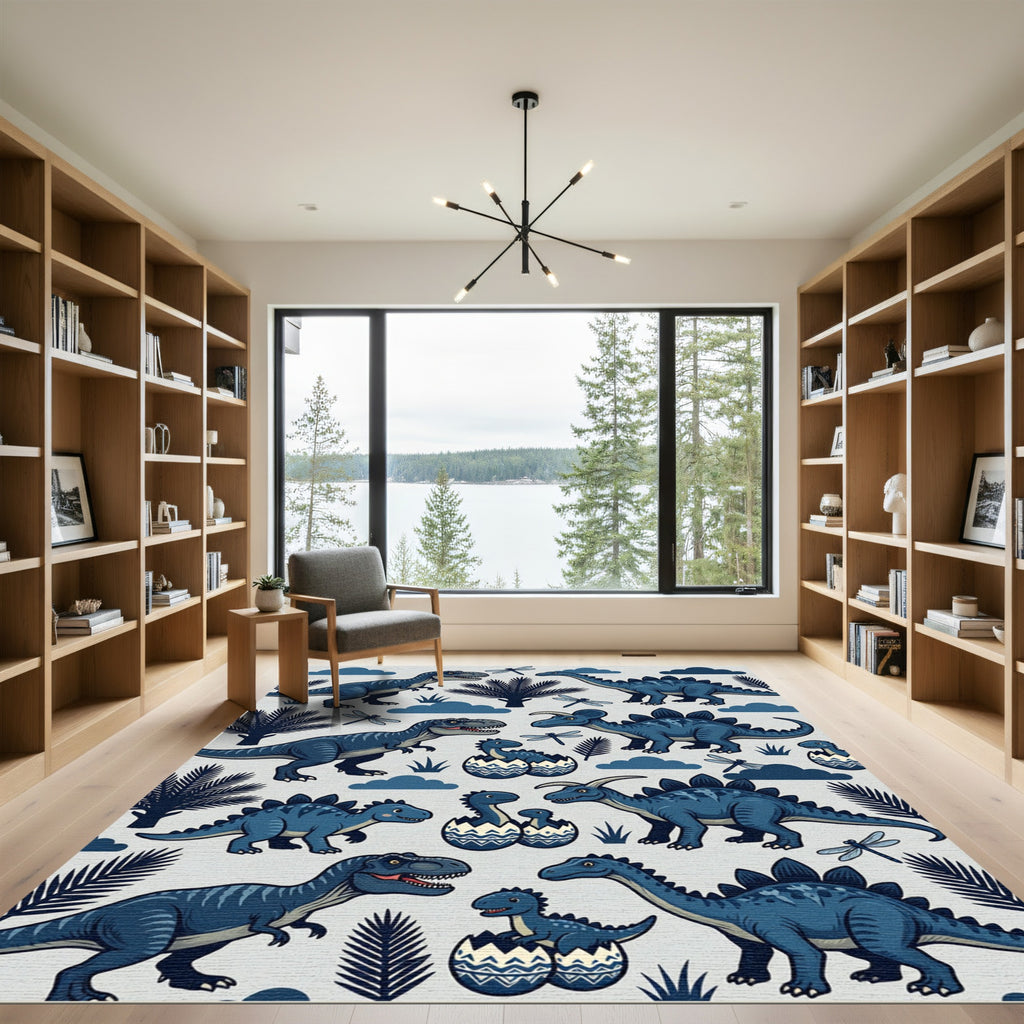 Playful Blue Dinosaur and Dragonfly Illustration Rug