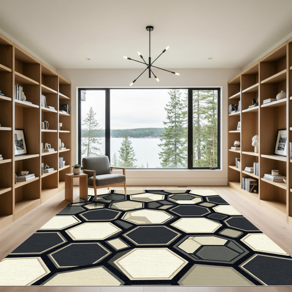 Sophisticated Monochrome Geometric Hexagon Area Rug