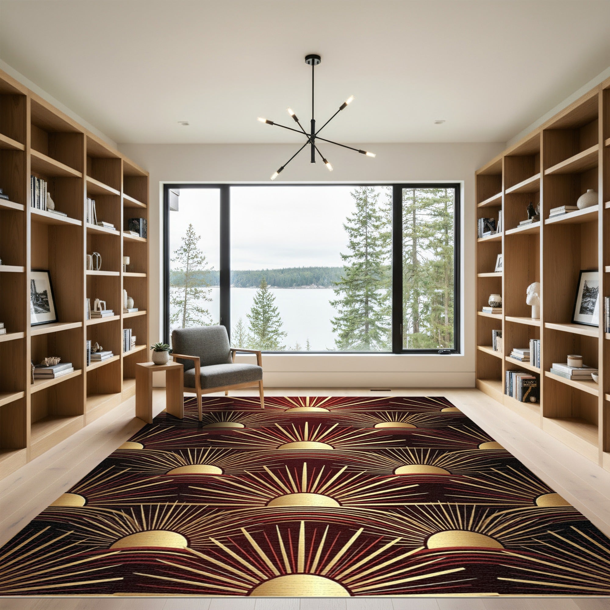 Art Deco Golden Sunburst Maroon Backdrop Rug
