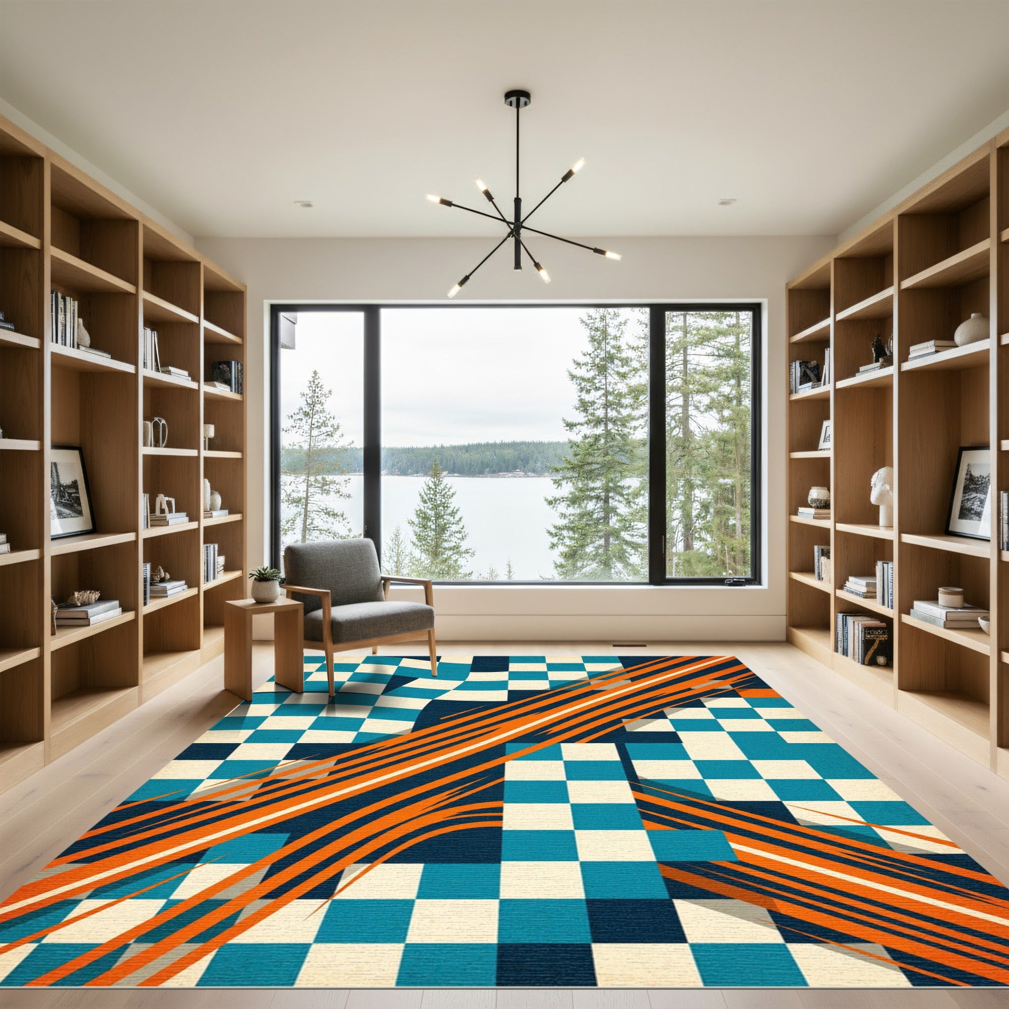 Mid-Century Teal Orange Checkered Streamline Rug