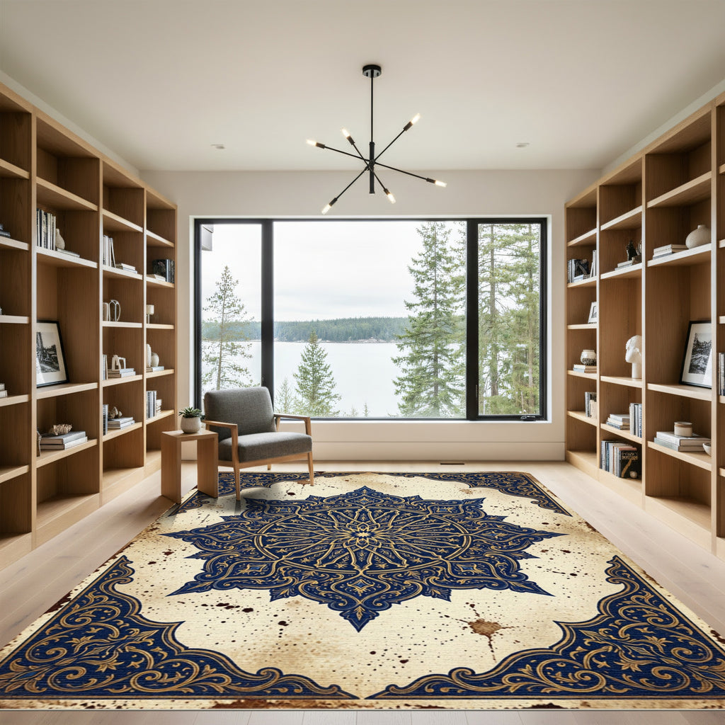 Royal Blue Golden Medallion Arch Rug