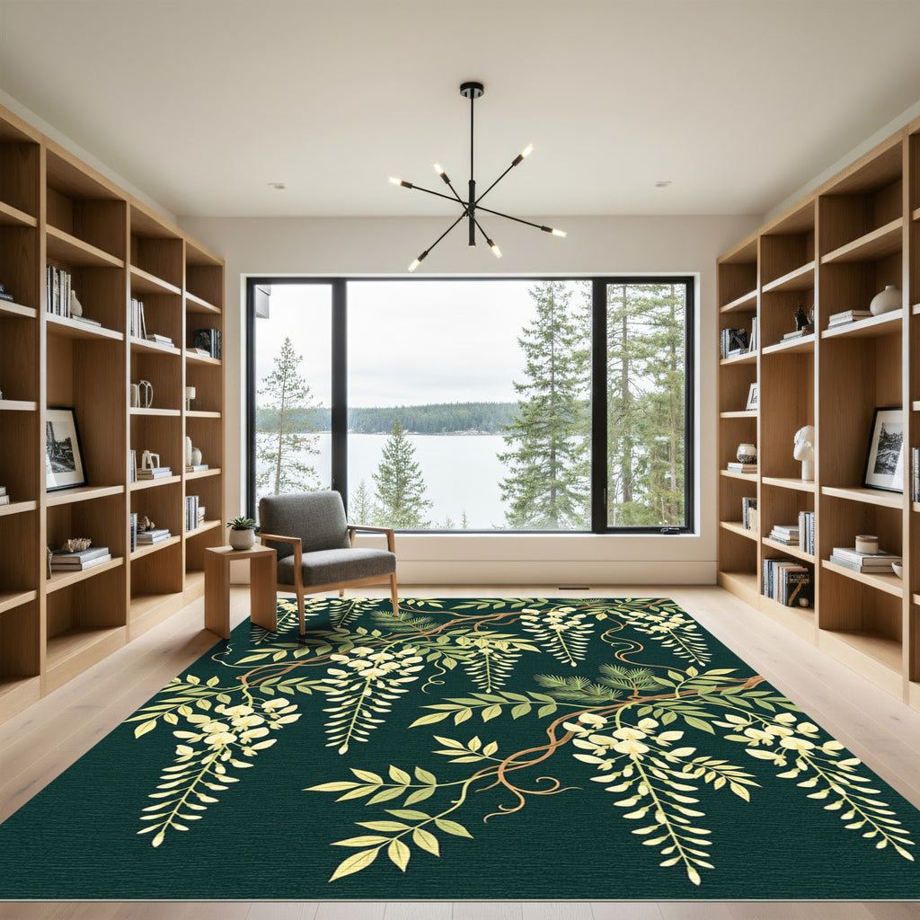 Cream Wisteria Vine Emerald Background Rug
