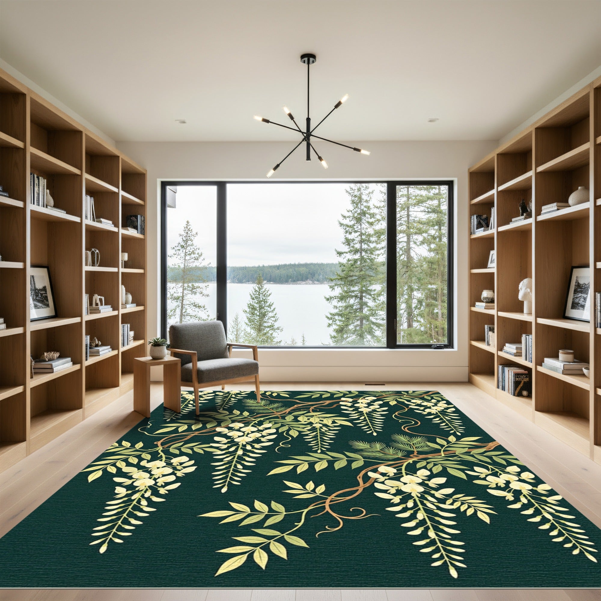 Cream Wisteria Vine Emerald Background Rug