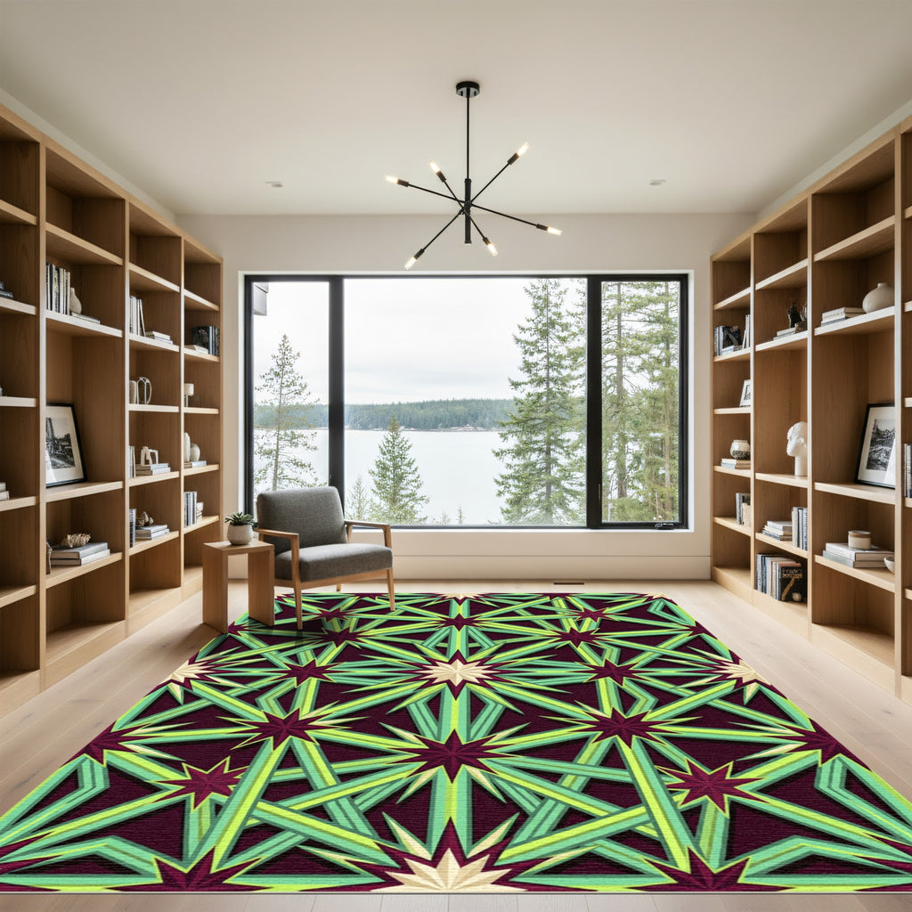 Geometric Starburst Emerald Burgundy Rug