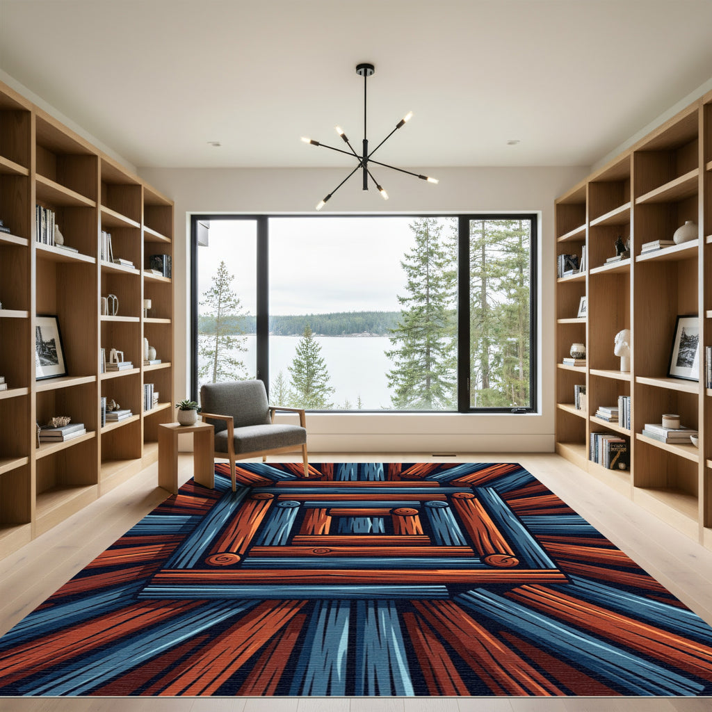 Geometric Rustic Blue and Copper Logs Rug