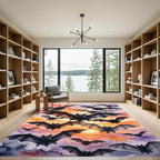Watercolor Twilight Bat Flock Sunset Rug