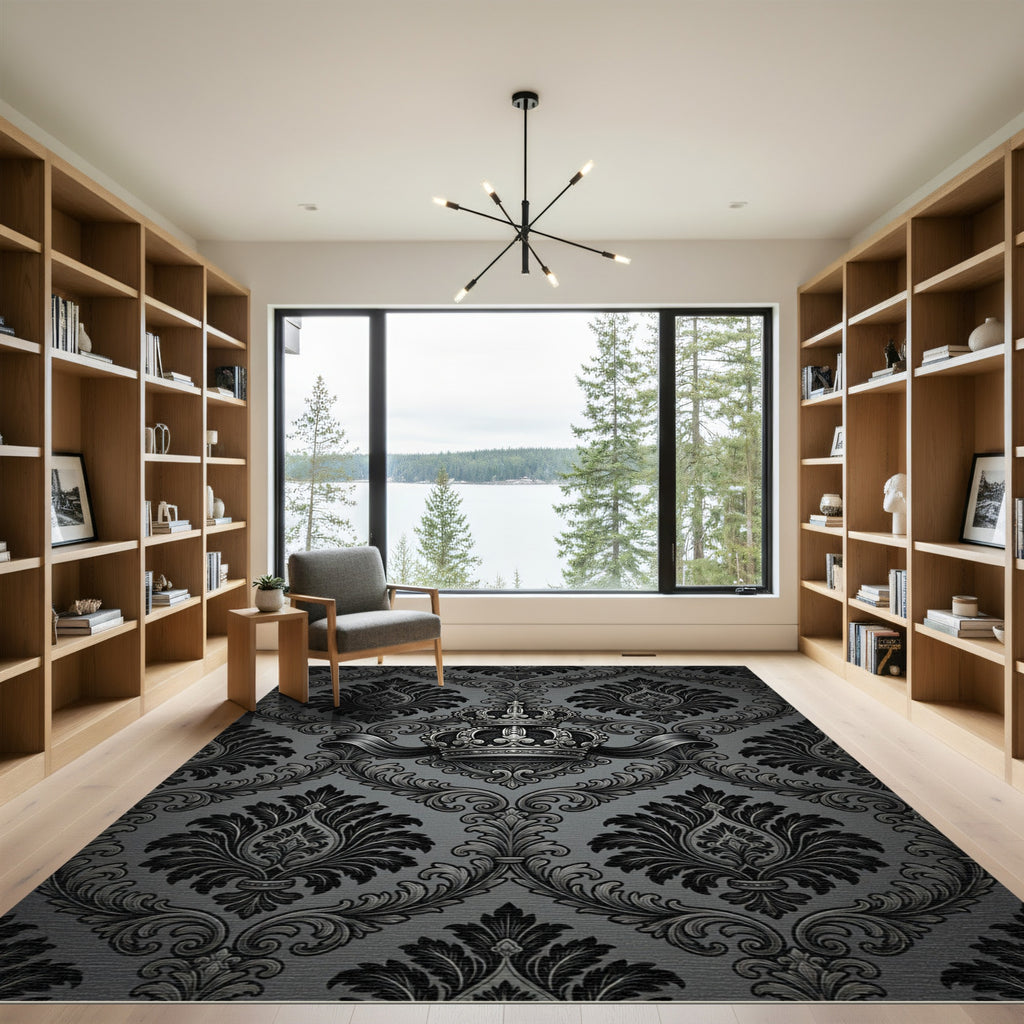Elegant Black Crown Damask Rug